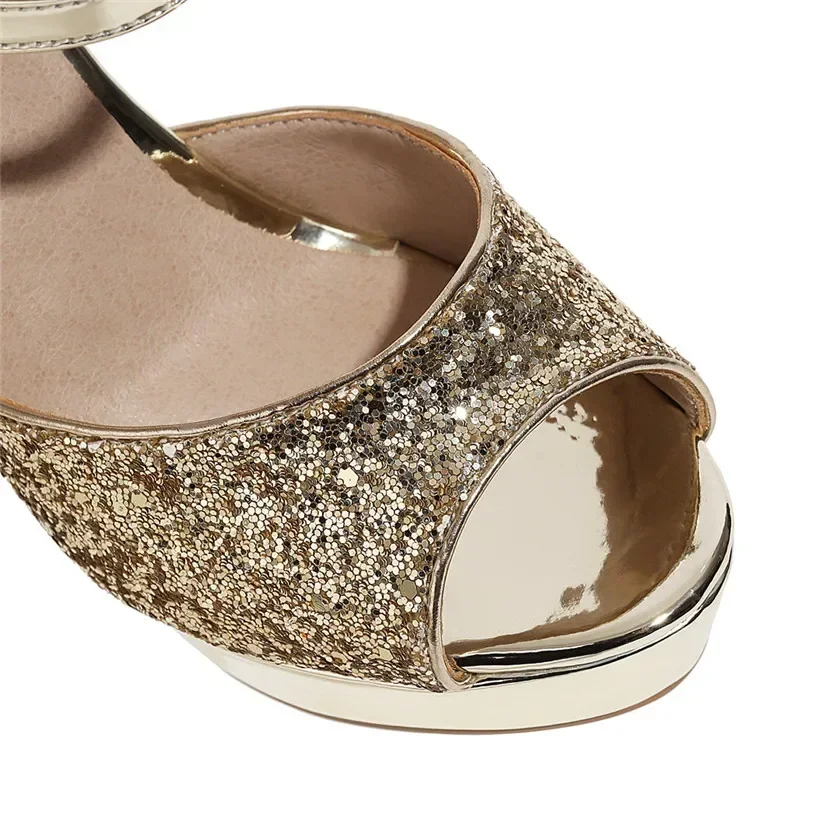 Elegant Silver Mirror PU Women Sandals Gold Sequined Cloth High Chunky Heel Wedding Party Office Lady Ankle Strap Platform Shoes - view 4