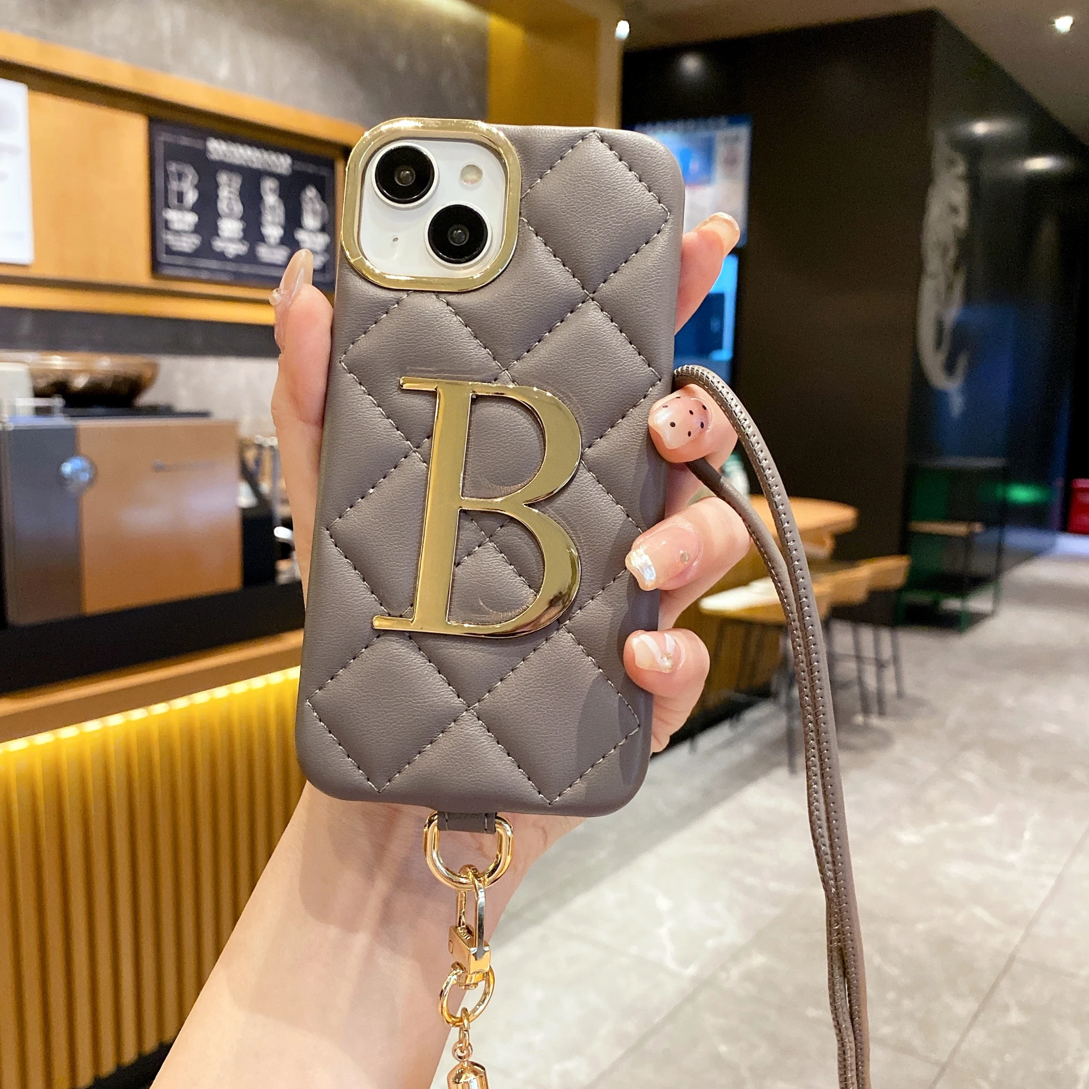 Leather Phone Case For iPhone16 15 14 13 12 11ProMax 15 16Plus Customized Name Gold Initials Big Letter Crossbody Lanyard