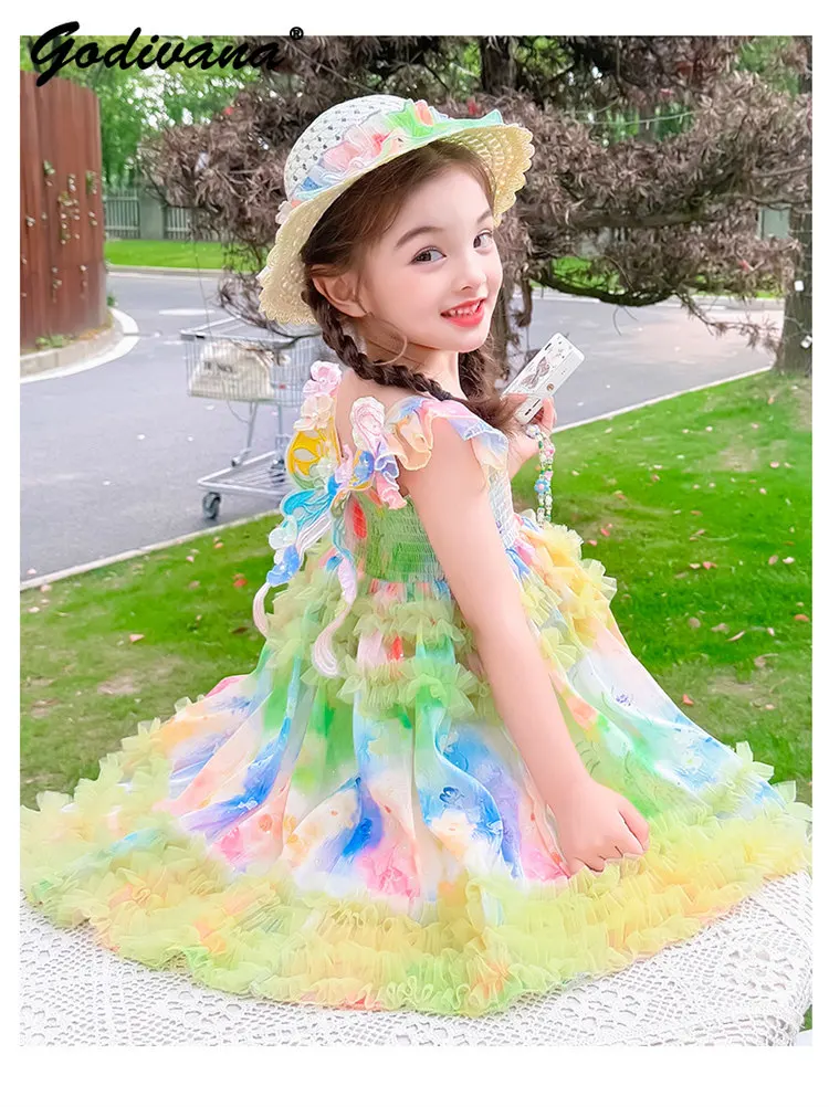 Cute and Sweet Baby Girls Summer 2026 New Trendy Party Dress with Wings Kids Sleeveless Color Tulle Ruffle Trim Princess Dress