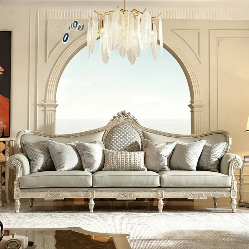 

Light French solid wood sofa European first-layer cowhide living room sofa combination furniture