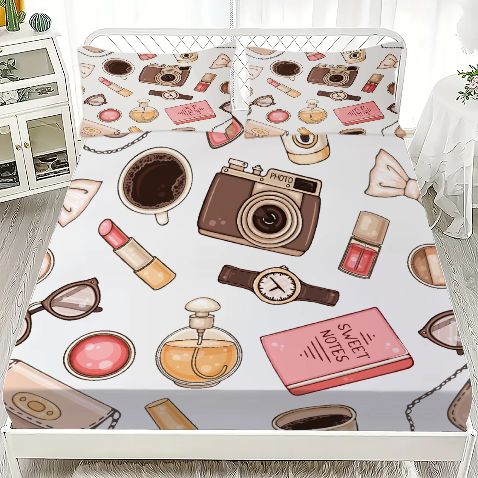 Juego de 3 piezas de sábanas ajustables blancas con estampado de cámara, perfume, lápiz labial, reloj y café, con 2 fundas de almohada, regalo para niñas