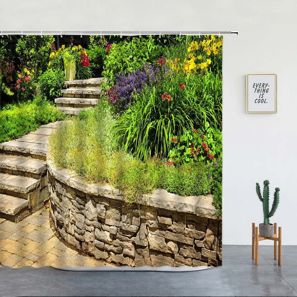 

Spring Flower Plants Shower Curtain Green Leaves Meadow Tree Flower Vines Idyllic Bathroom Decor with Hooks Fabric Bath Curtains