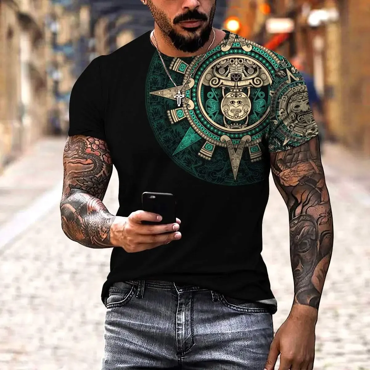 Aztec Harajuku Men\'s T-shirt from Mexico, Casual T-shirt, Urban Fashion, Classical, Retro, Round Neck, 3D Printed Loose Top,