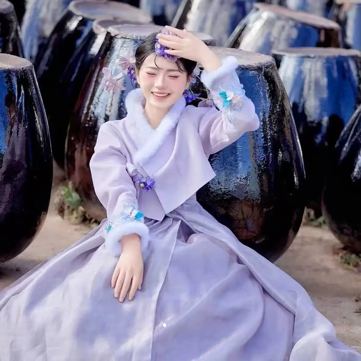 

Winter Plush Collar Hanbok Women Traditional Korean Clothing Court Thicken Cotton Coat Yanji Princess Snow Uniform Female Hanbok