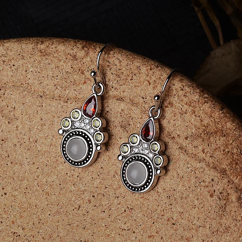 New Trendy 925 Sterling Silver Cat Paw Print Earrings Inlaid With Moonstone And Colorful Gemstones Elegant Ear Jewelry For Women