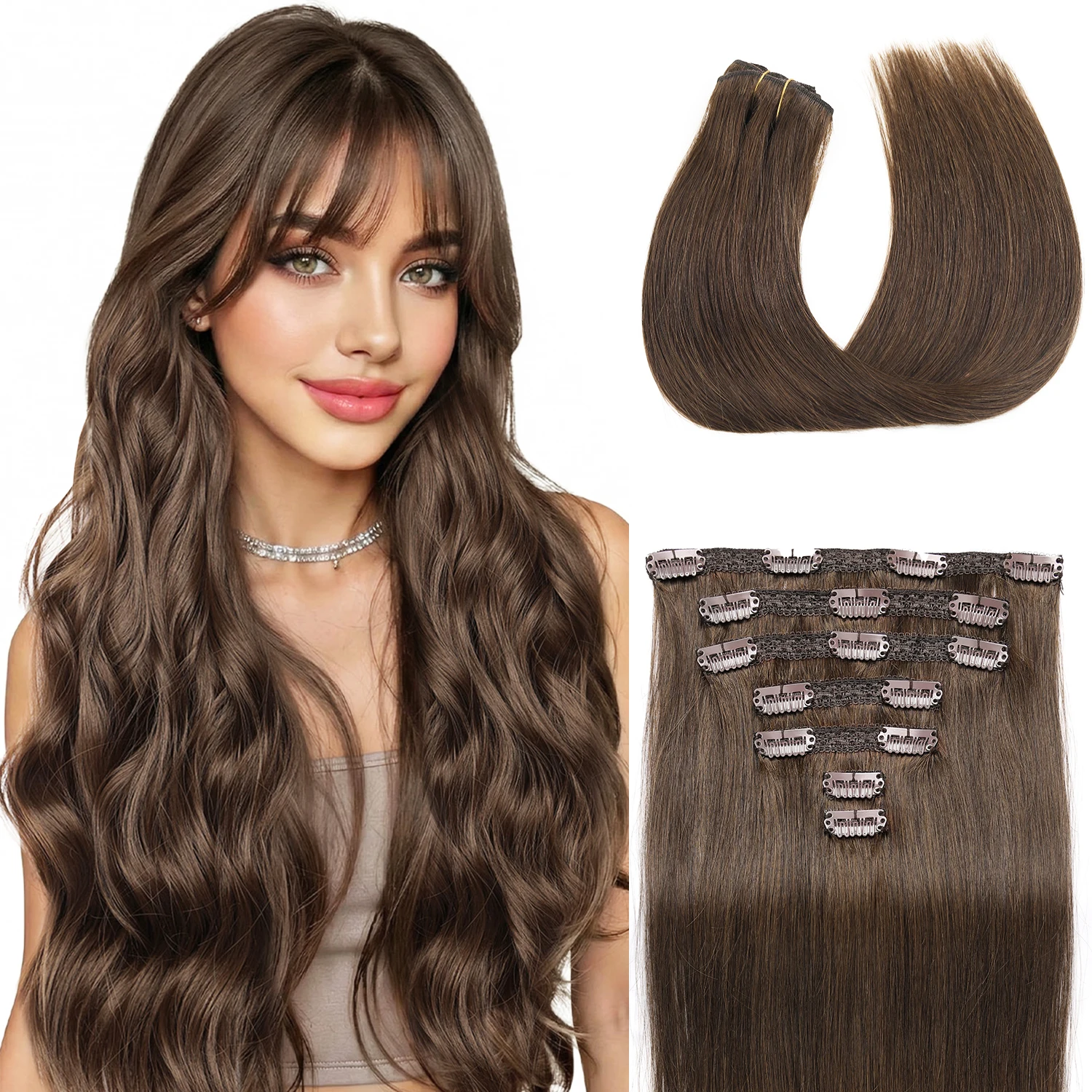 

Накладные пряди из натуральных человеческих волос, коричневые, на клипсах, двойной шов, 12-18 дюймов, 7 шт., 70 г/набор