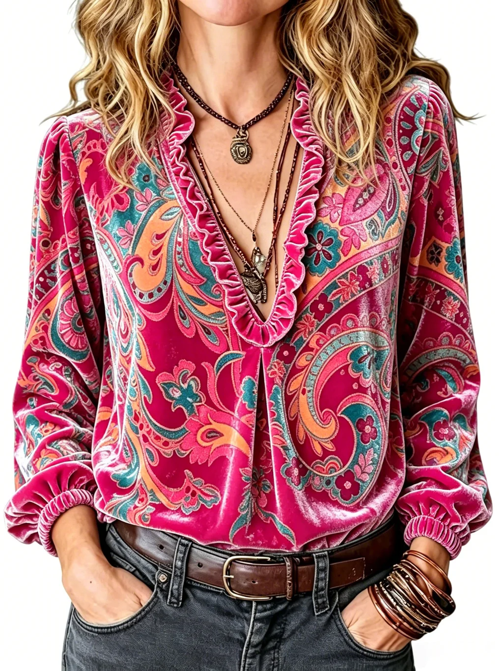 Blusa de veludo dourado com estampa vintage, gola V, manga comprida, para outono/inverno, feminina, estilo streetwear de luxo, nova, para festas.