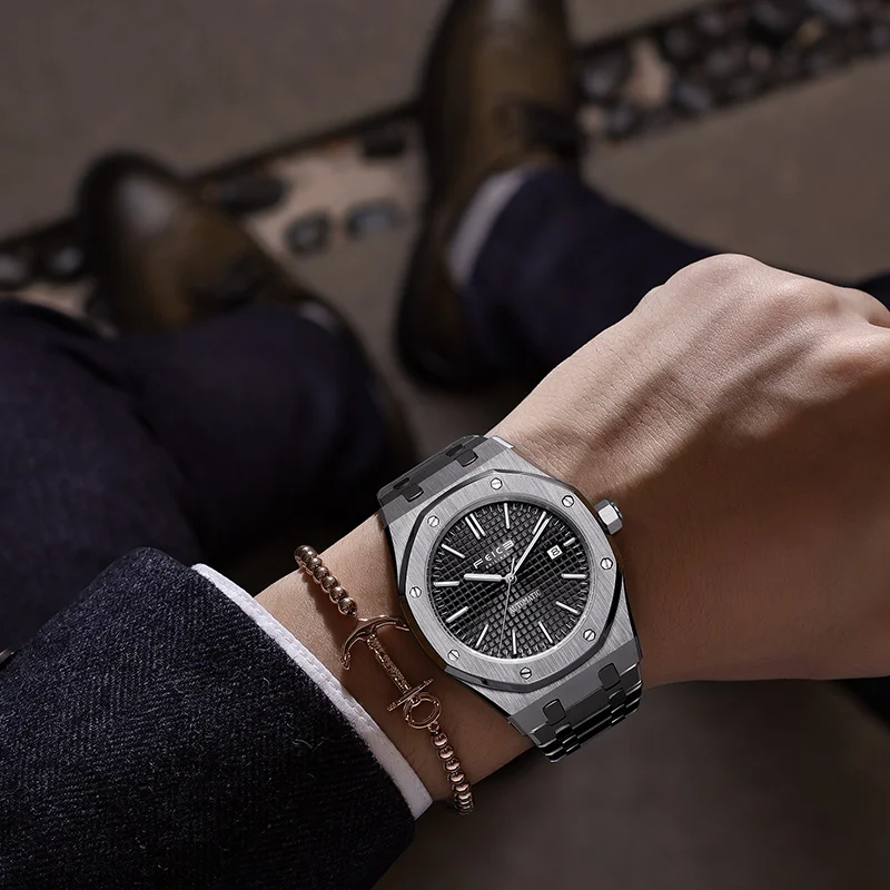 FEICE New Men\'s Automatic Mechanical Watch Skeleton Luminous Watch Waterproof Sapphire Mirror Luxury Stainless Steel Wristwatch
