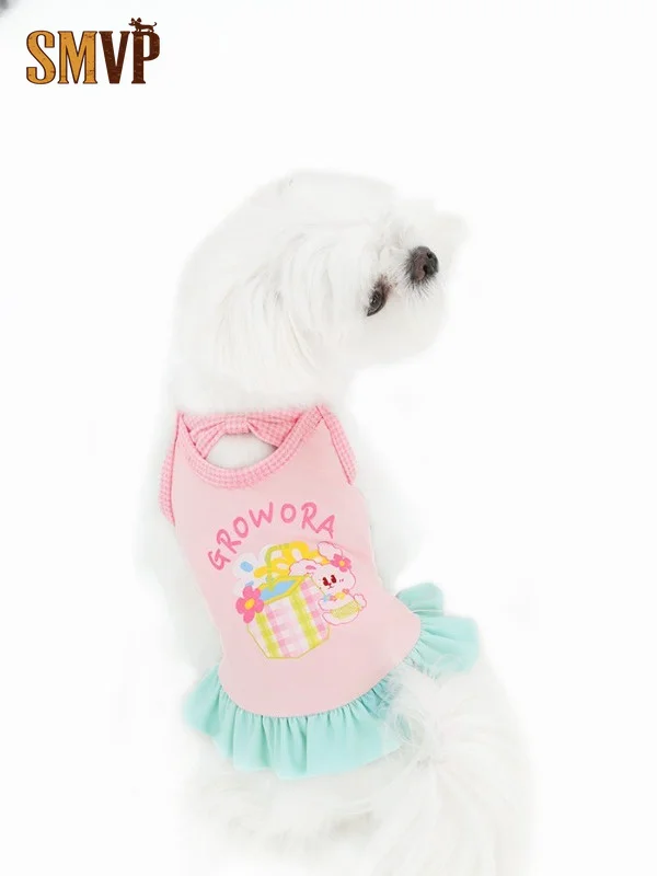 Cute Cartoon Print Pet Sling Tank Dress Back Bow Ruffle Hem Thin Breathable Summer Vest Dress for Small Pets Daily Clothes