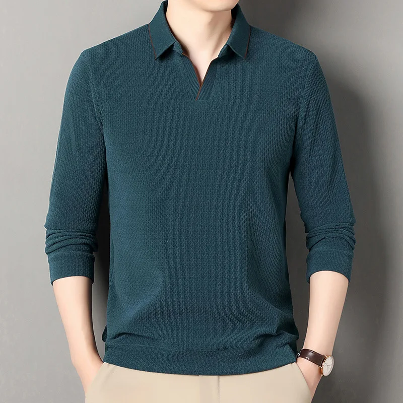 Spring Autumn Men's knit Smart Casual Polo Shirts Solid Color Long Sleeve Turn Down Collar Fashion Polos Men Knitted Tees Tops