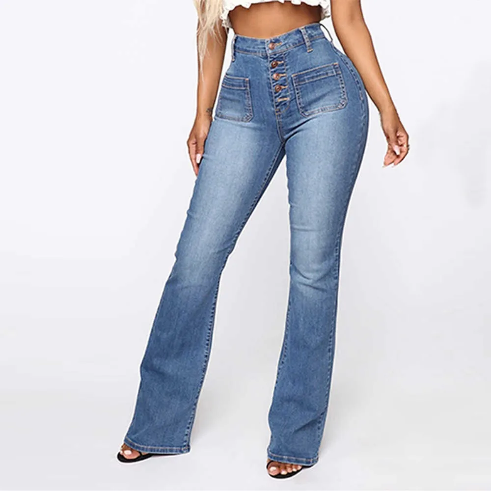 Women‘s Washed Denim Jeans - Button Fly Pants with Classic Patch Pockets, Comfortable Casual Trousers for Everyday Wear