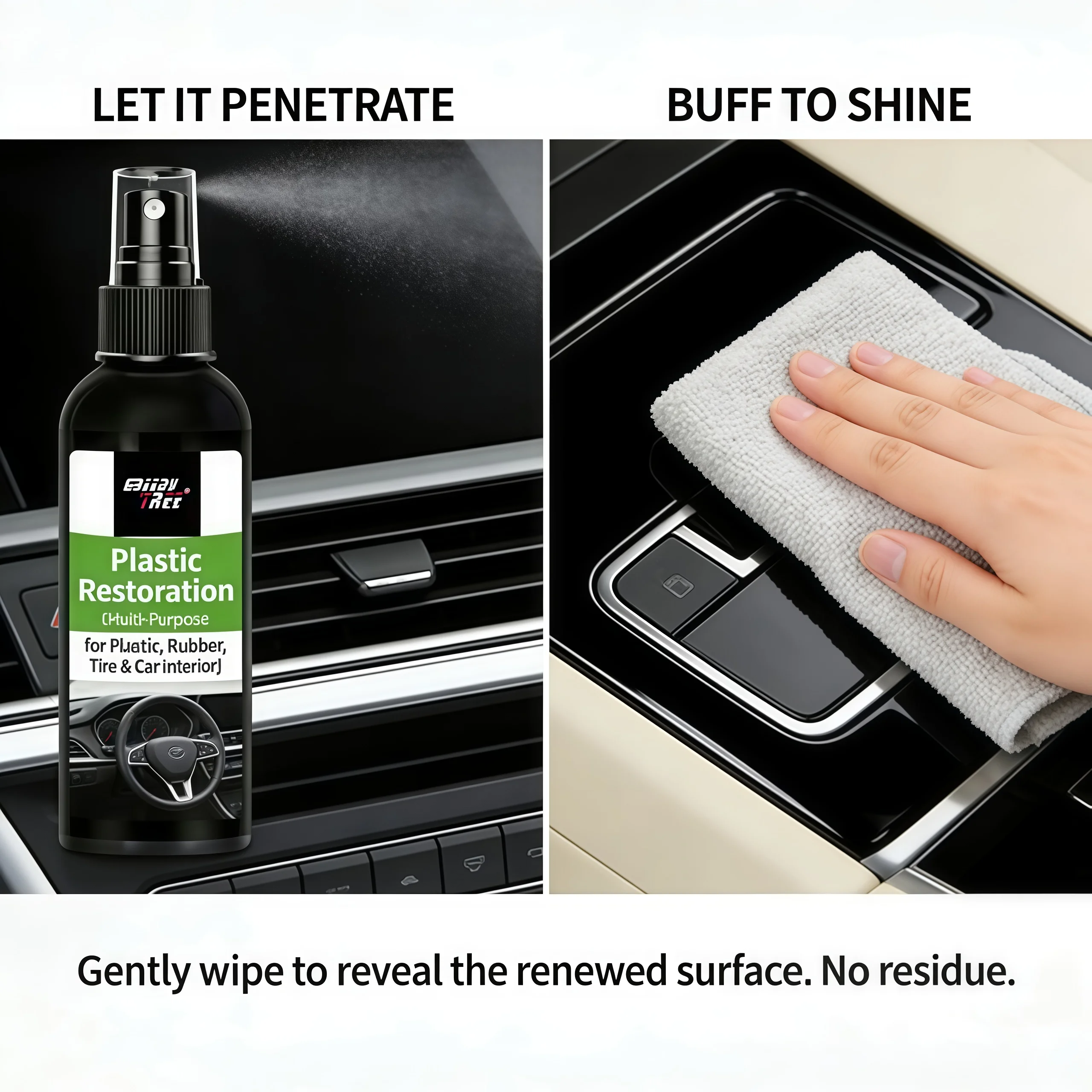 Car Plastic Restorer Spray Kit, Auto Plastic & Rubber Renovator with Microfiber Towel, Tire Shine Maintenance for Car Interior &