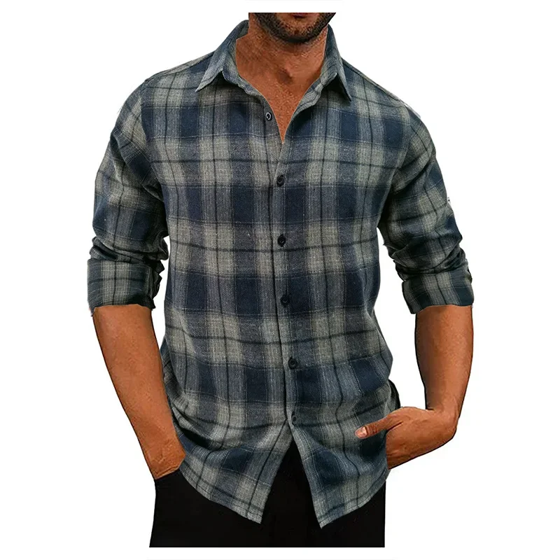 

2023 Men's Casual Loose Fitting Shirt Men's Autumn and Winter Long Sleeved Plaid Casual Shirt