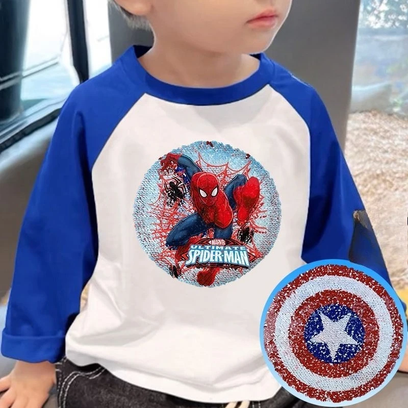 الأطفال القطن الخالص طويلة الأكمام تي شيرت الترتر يمكن تغيير لون الربيع والخريف جديد الكرتون الرجل العنكبوت قميص قاعدة علوية #3