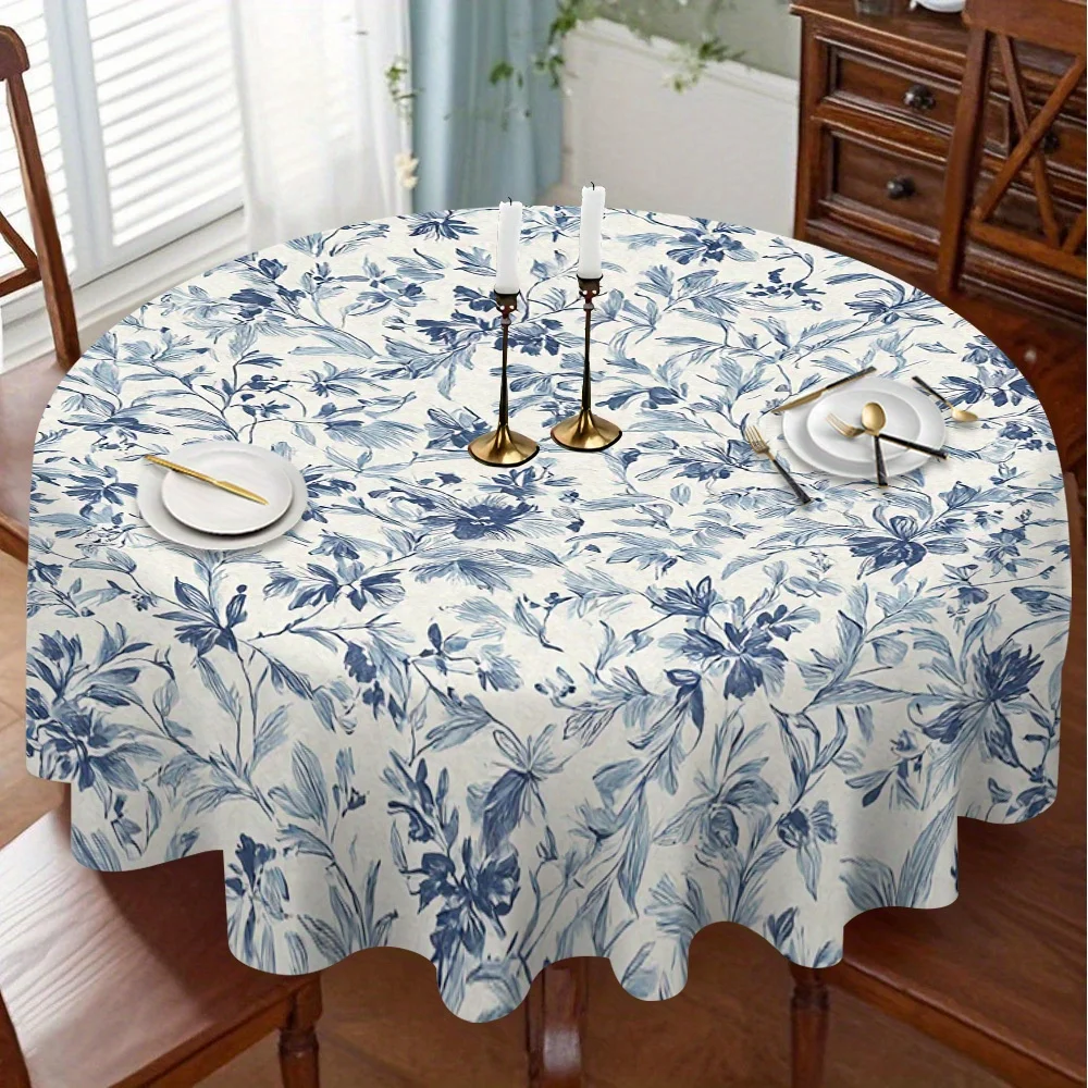 1 blue floral whispering round table cloth, suitable for round table decoration, adding embellishment to home gatherings