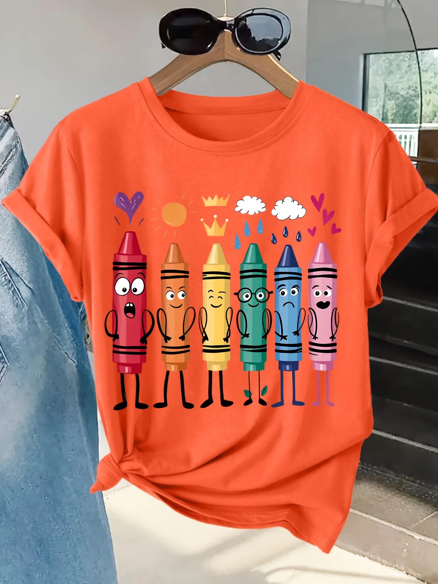 Women's Tshirt Cartoon Crayon Fun Expression Print Round Neck Warm and Healing Casual Trend Daily Easy and Versatile Women's Top