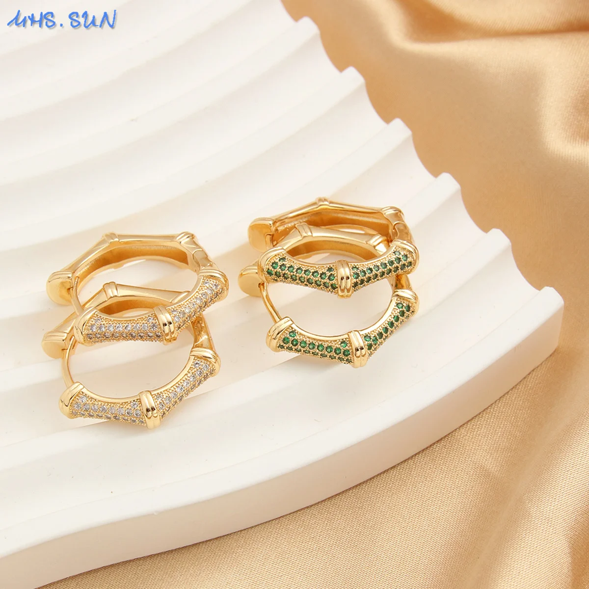 MHS.SUN Luxury Geometry Bamboo Hoop Earrings Gold Plated Zircon Circle Huggie Copper Hiphop Jewelry For Women Girls Wedding Gift