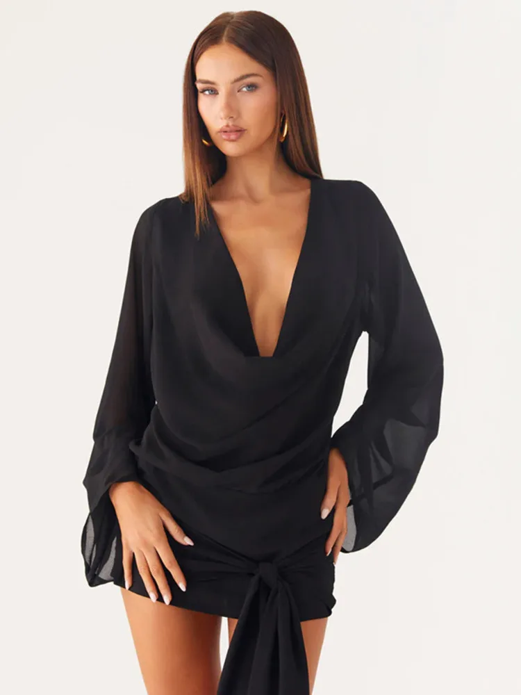 モジション タイダイ柄 プリント 長袖 セクシー ミニドレス レディース ガウン エレガント ディープVネック ドレープ ラッフル クラブ パーティー ドレス ファッション