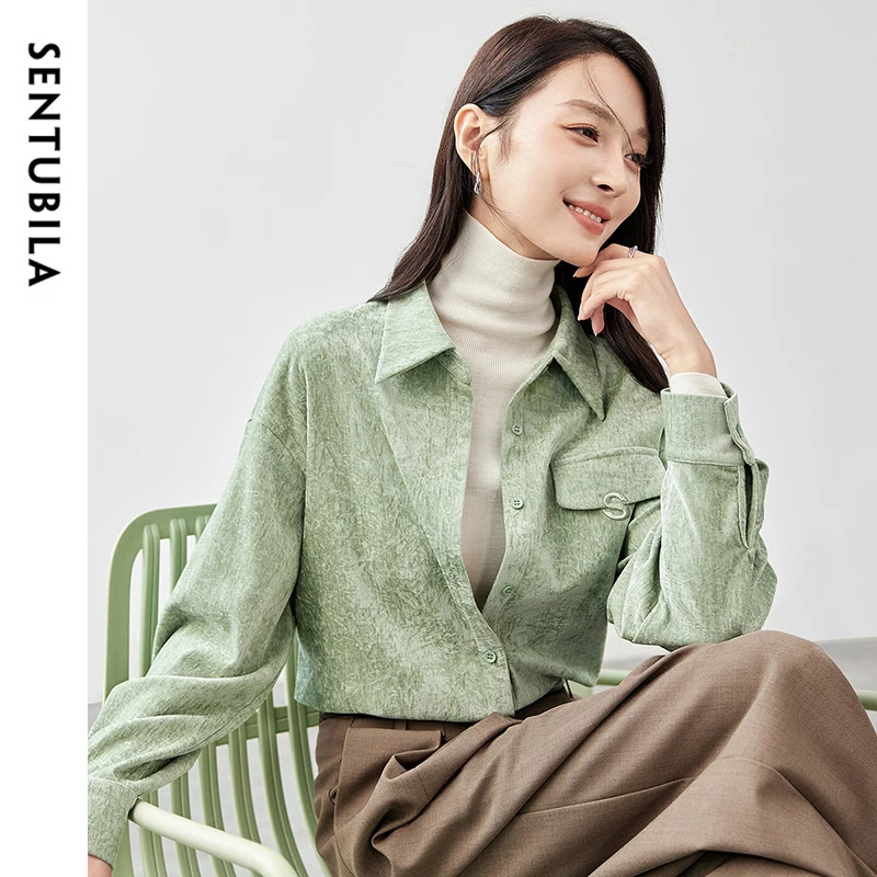 SENTUBILA Corduroy Embroidery Shirt Women 2024 Winter Folds Turn Down Collar Button Down Solid Casual Female Blouse 144C57426