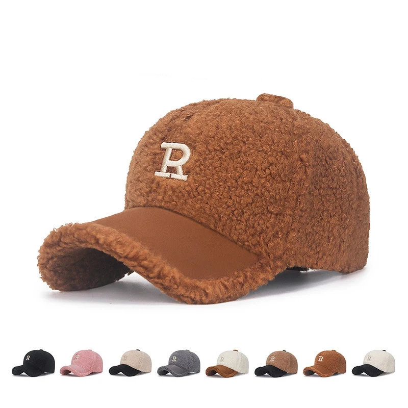 R Letter Imitation lamb fleece Blended Caps for women Autumn Winter All-match warm Plush Hat Suitable For Face Big Baseball Caps