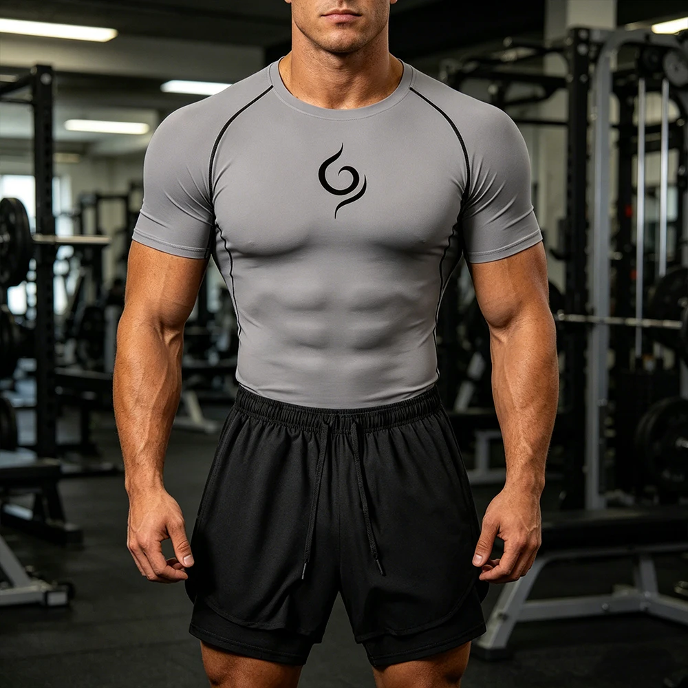 Men Workout 2 Piece Outfit Compression Short Sleeve + Double Layer Shorts With Phone Pocket Towel Loop Gym Sport Flame Print