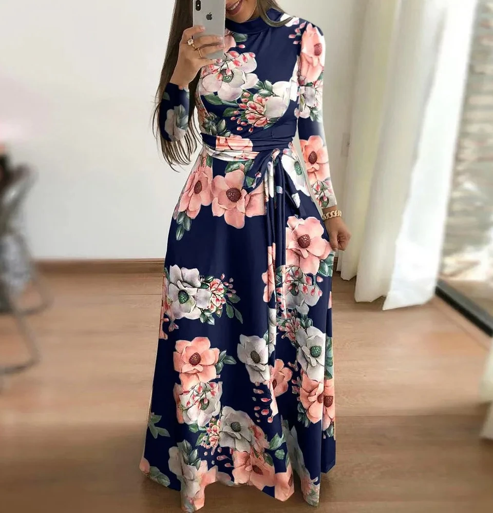 여성용 플로럴 프린트 여름 드레스 새로운 보헤미안 A라인 스윙 드레스 짧은 소매 하이웨이스트 플로우 맥시 드레스 비치용
