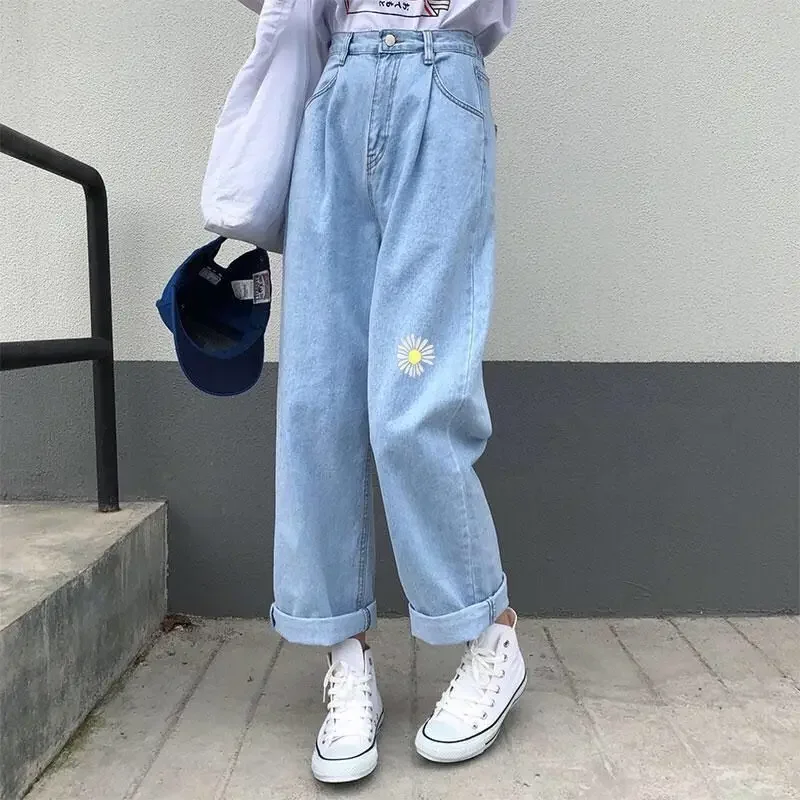 

Korean Loose Daisy Jeans Women Fashion New High Waist Straight Denim Pants Maxi Wide-leg Cropped Trousers Female S-5XL