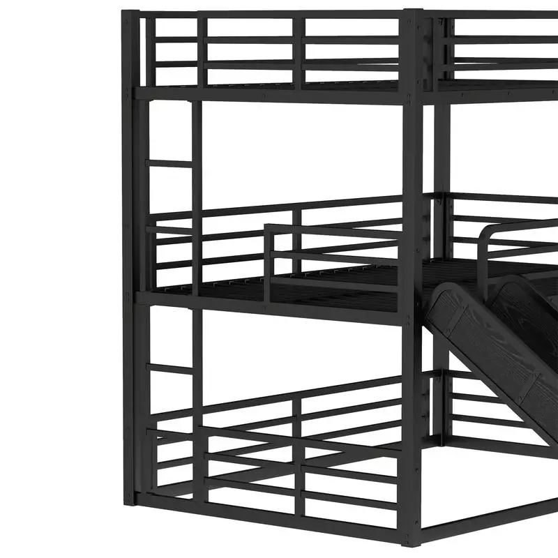 سرير ثلاثي كامل بطابقين مع منزلق، سرير معدني بطابقين مع درابزين أمان، سرير عالي التحمل بتصميم هادئ، أسود #6
