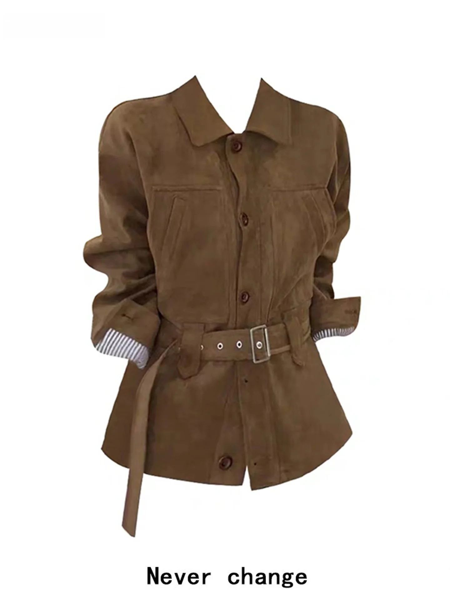 

Ретро-жакет с отложным воротником на одной пуговице с поясом, женский, осенний, новый, из искусственной замши, приталенный, открытый кардиган, высококачественный материал