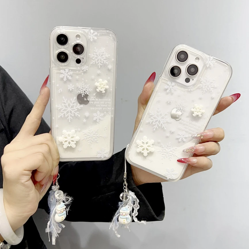 حافظة لامعة ثلاثية الأبعاد على شكل ندفة الثلج لهاتف آيفون 16 11 12 13 14 15 Pro Max Plus مع غطاء حماية للكاميرا وسوار معصم