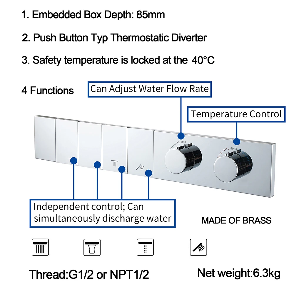 M Boenn 4 Functions Shower System Bathroom Faucets Push-button type Smart Thermostatic Divider Mixer 20 Inch Square Shower Head