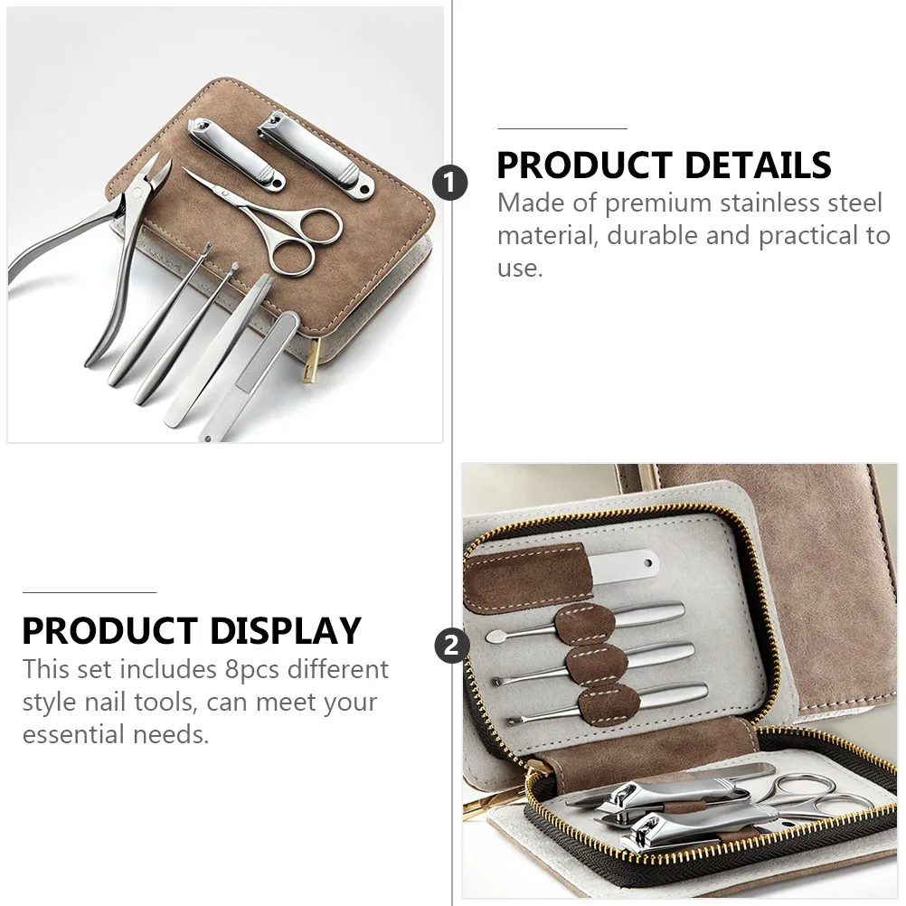

1Set Stainless Steel Manicure Kit 8-in-1 Nail Clipper Set with Exquisite PU Pouch Ideal for Personal and Pro Grooming