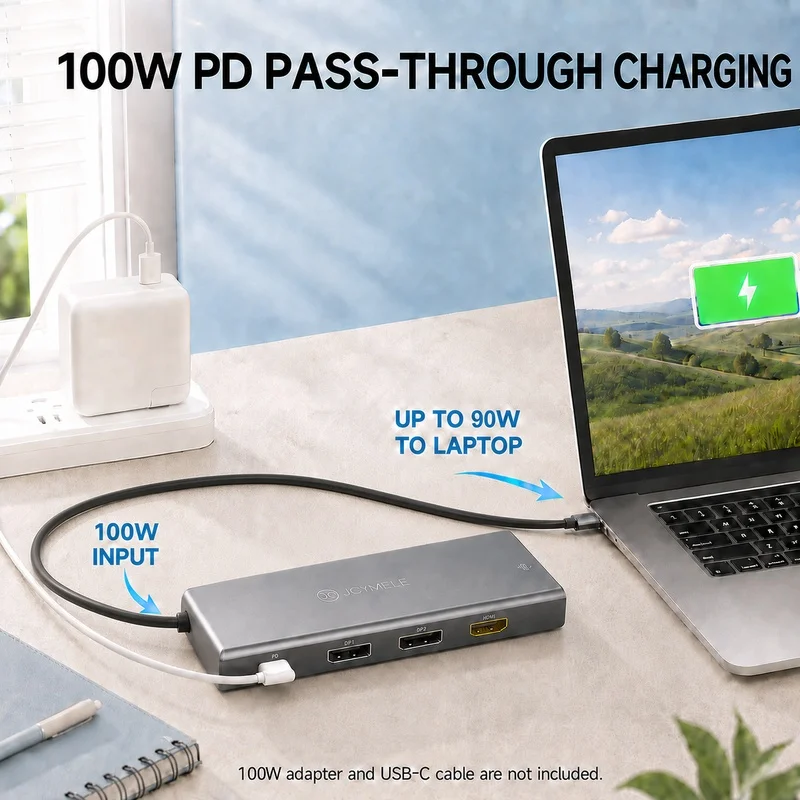 2-in-1 USB-C Docking Station Triple Monitors, DP 4K 120Hz & HDMI 4K 60Hz Hub with PD 100W USB 3.2 SD/TF Ethernet for Win/Mac