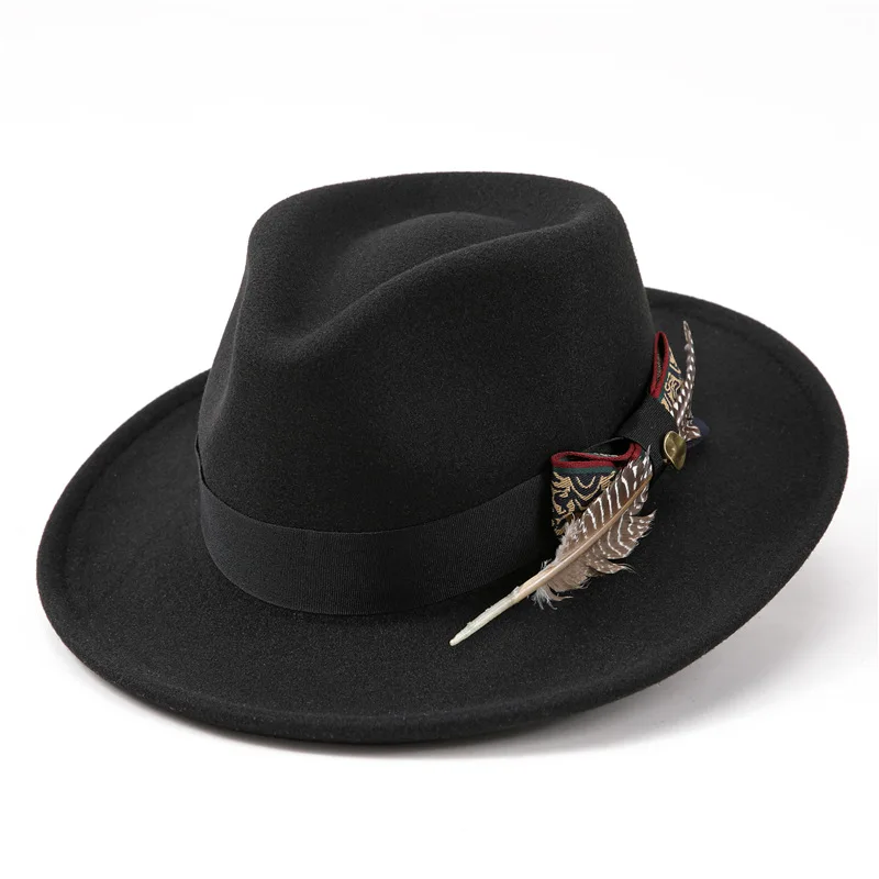 Breitkrempiger Fedora-Hut für Herren mit Federband, Vintage Jazz-Hut, Herbst-Winter, Hochzeit, Party, Reisen, Casual, Mode, formelle Kopfbedeckung – Detail 2