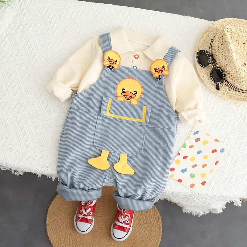 

Spring Autumn Infant Boy 2PCS Clothes Set Cottton Solid Shirt Duck Pocket Pant Overalls Toddler Boy Outfit Baby Boy Suits