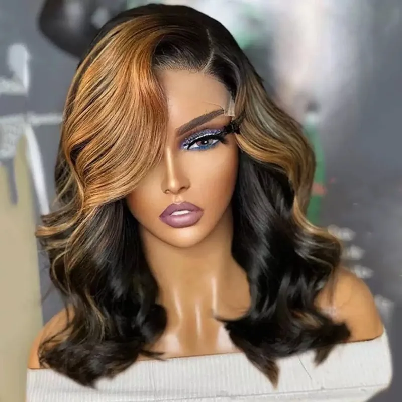 14-inch Honey Golden Brown Bobs Wig, Ombre Highlighted Big Waves Hairstyle, Pre-cut No Glue Lace Front Design