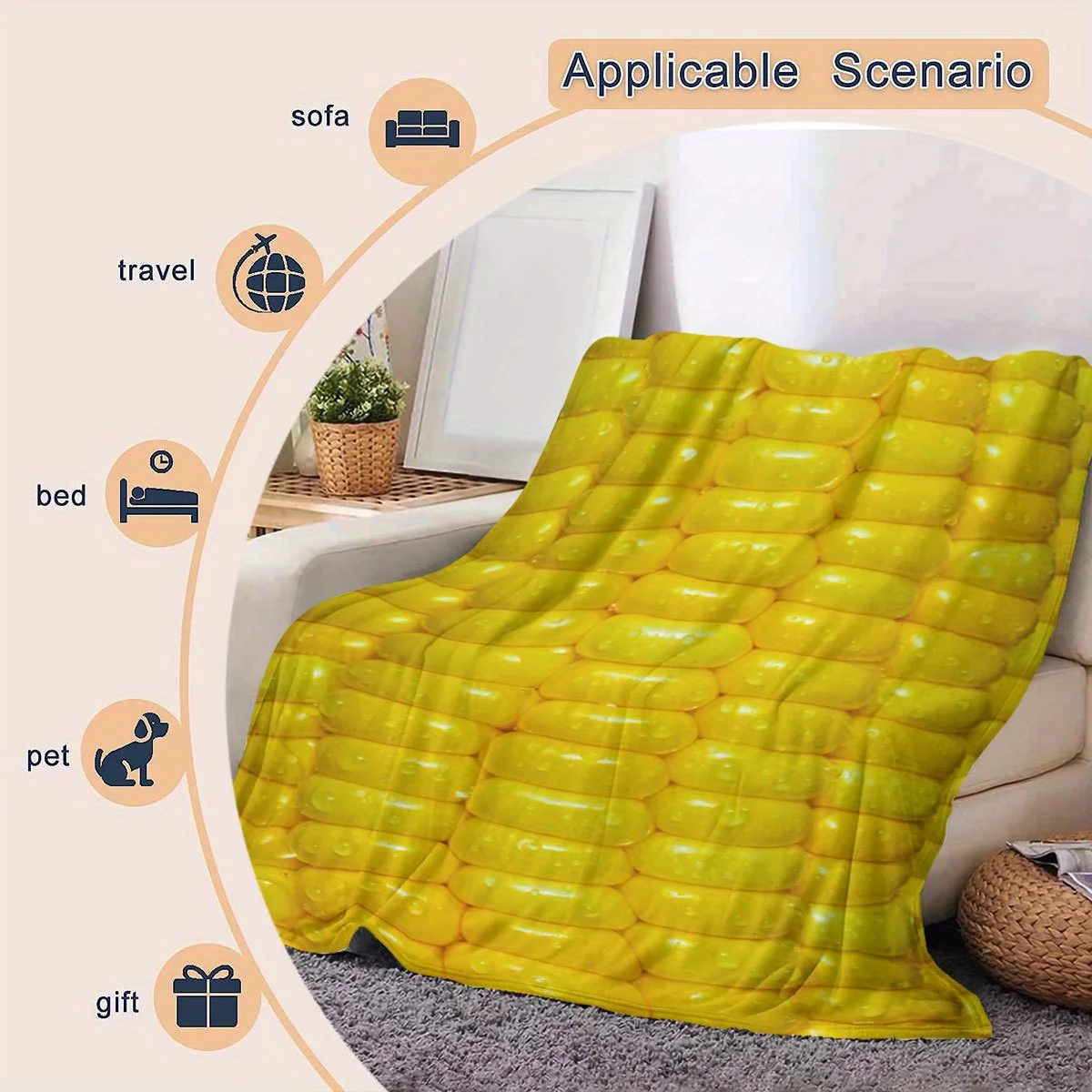 Customize [Corn Design Blanket] 1pc Fun Food Corn Blanket - Soft Flannel Throw with Vibrant Yellow Corn Design, Perfect for Sofa