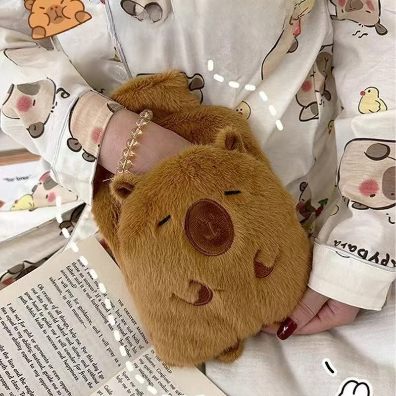 Bonita botella de agua caliente de capibara de felpa de dibujos animados, PVC grueso, 1000ML, gran capacidad, regalo para niña, necesidades diarias para el hogar, suministro cálido