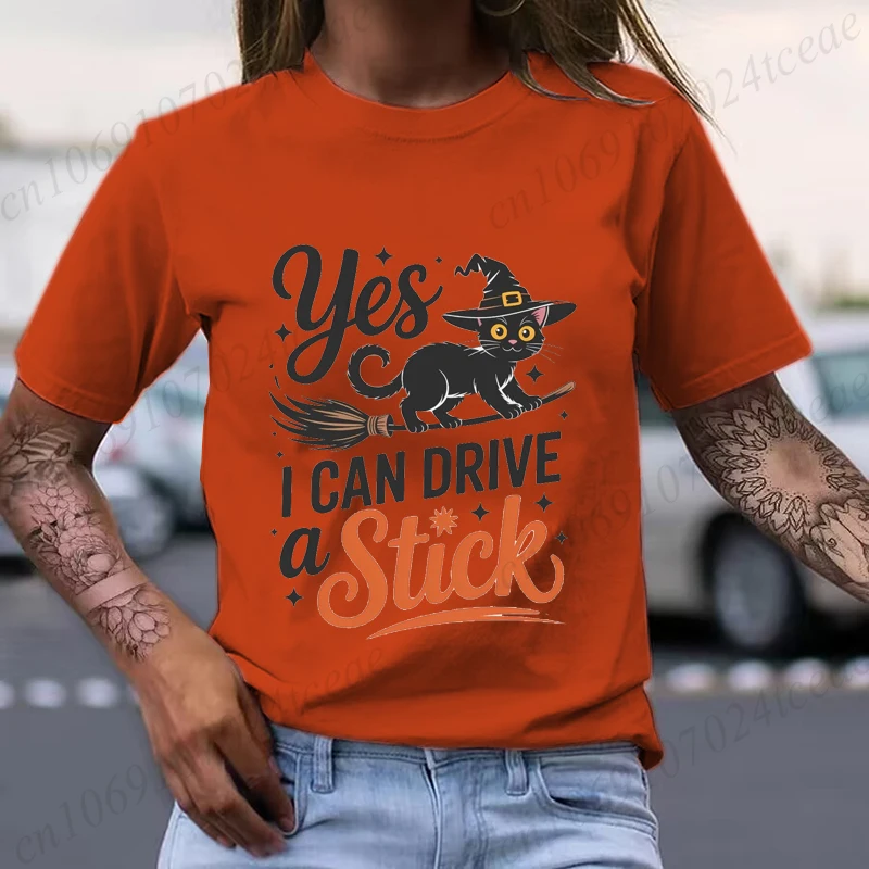 المرأة مضحك هالوين القط الساحرة الجرافيك تي شيرت مطبوع مضحك التي شيرت نعم يمكنني القيادة عصا الملابس تي شيرت حفلة مخيف #5