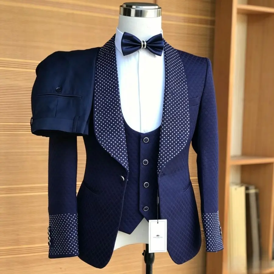 

Plaid Men Suits 3 Pieces Luxury Beaded Wedding Tuxedo Slim Fit Groom Prom Party Blazer Vest Pants Set for Men 2026 New Arrival