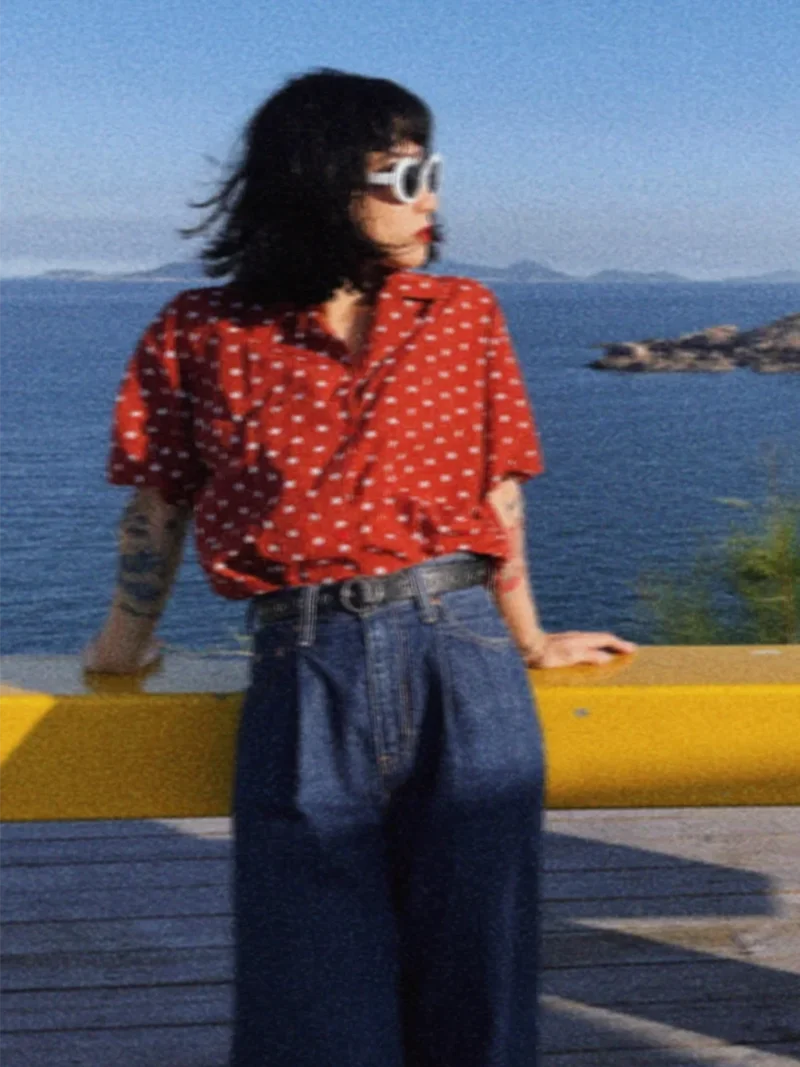 

Женская блузка с кубинским воротником и принтом в горошек, короткий рукав, приталенный крой, модный дизайн, летняя новинка, топ в гонконгском стиле