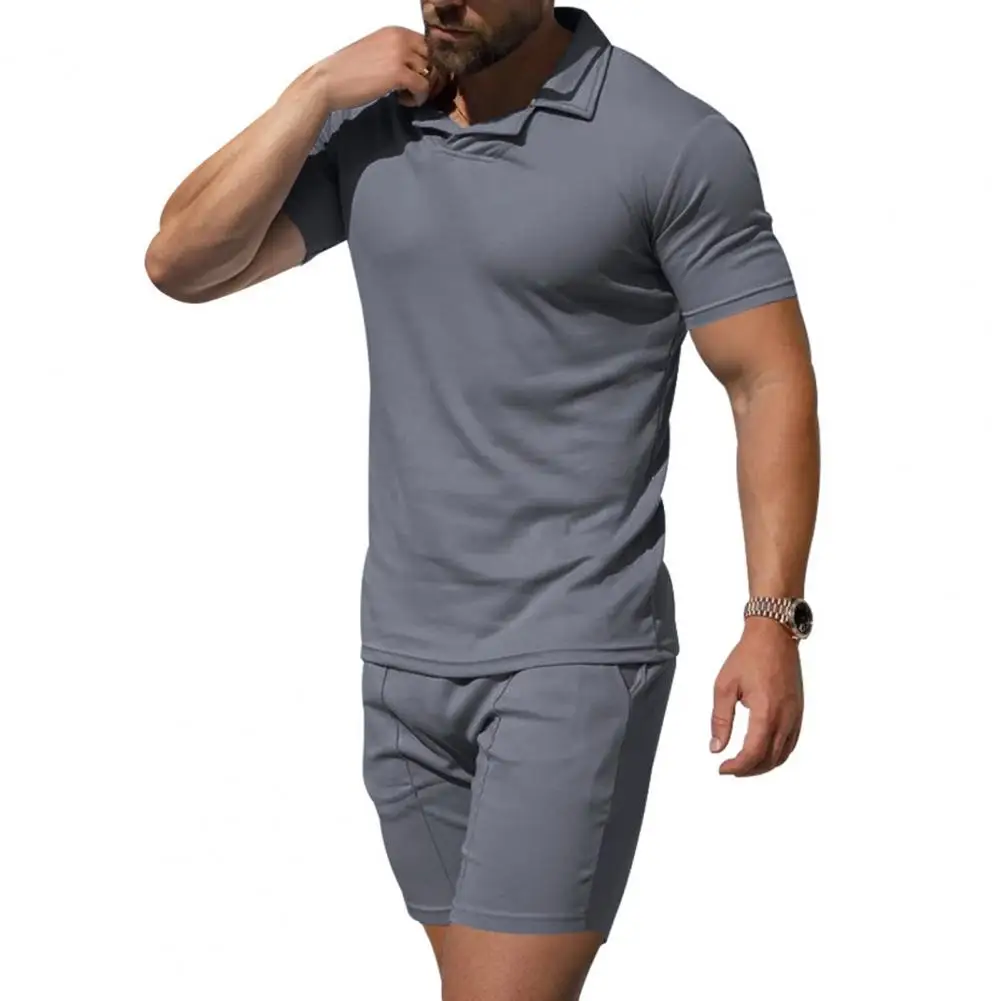 

Men Suit Set Short Sleeve Pullover Drawstring Waist Shorts Set Solid Color Sportswear Outfit