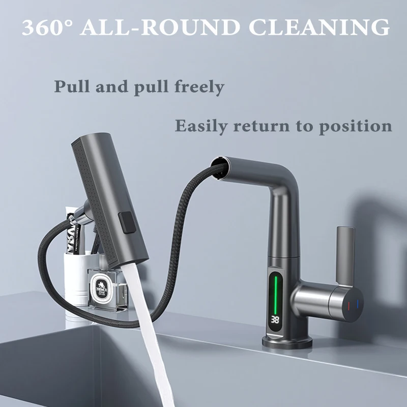 Pull out basin faucet with digital display of hot and cold temperatures, 360 degree rotating faucet