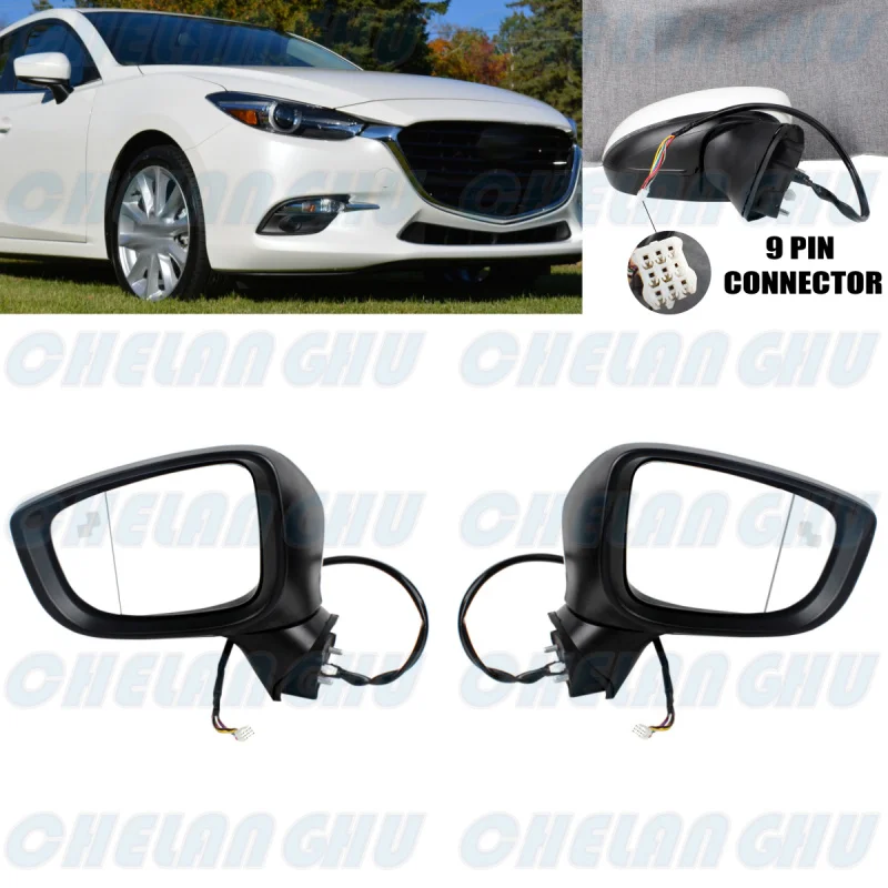 For Mazda 3 2017 2018 2019 1 Pair 9 Pins White Paintable Heated Blind Spot Power Adjust Auto Fold Mirror Assembly