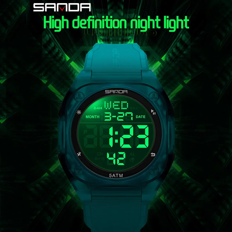 SANDA 패션 LED ElectronicMen 시계 다기능 알람 시계 LED 빛나는 방수 손목 시계 실리콘 스포츠 학생 시계