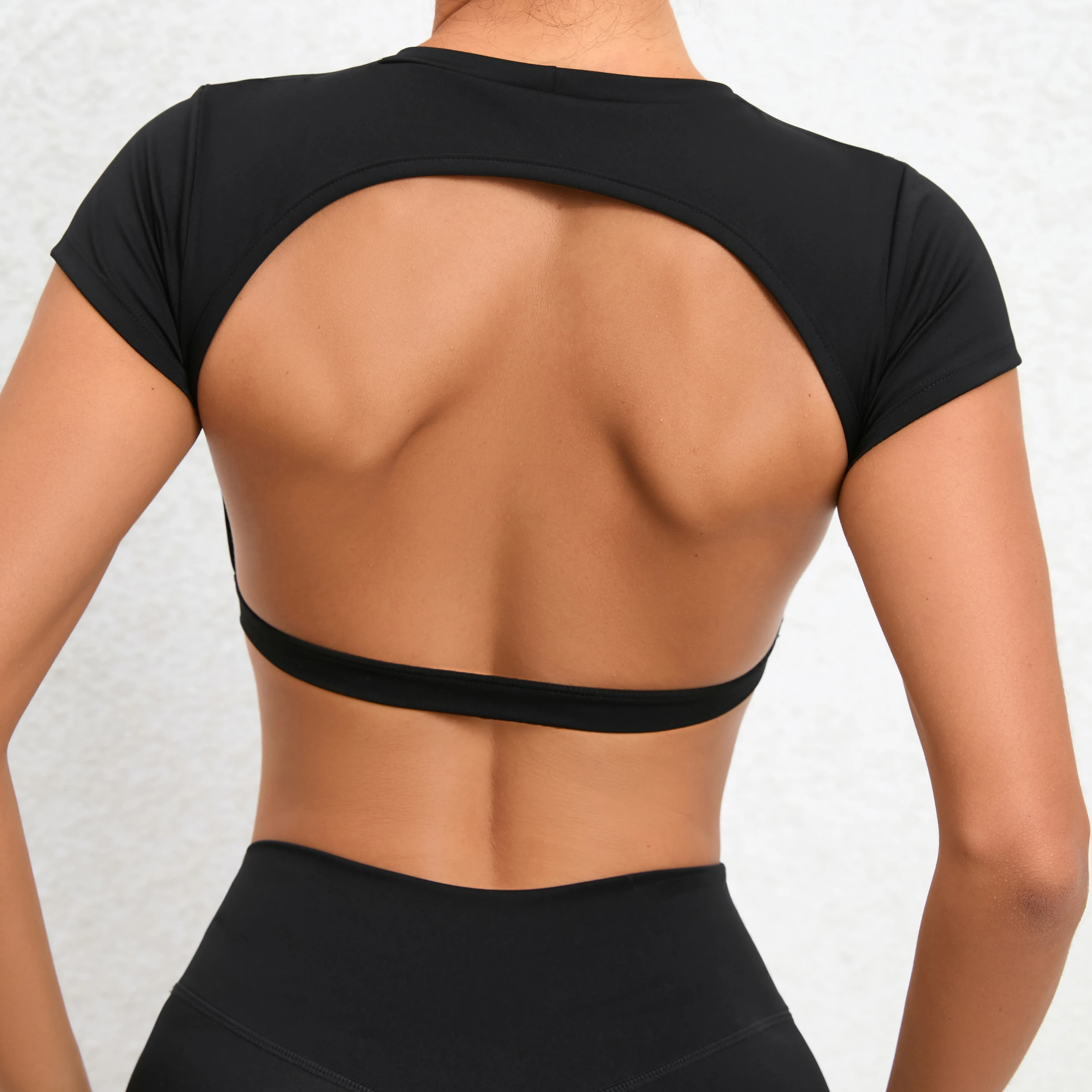 Padded Open Back Crop Top Short Sleeve Yoga Shirt Women Fitness Workout Tops Gym Clothes Sportswear Running T-shirts