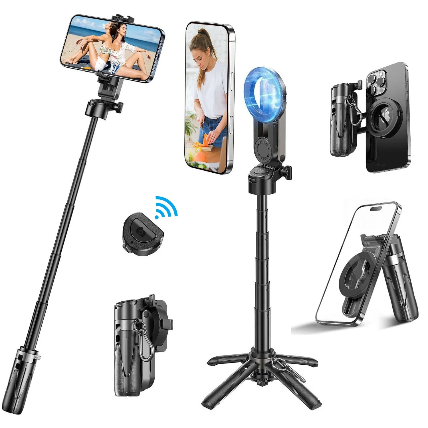

Magnetic Selfie Stick Tripod with Remote for iPhone Android, 4-in-1 Pocket Mini Selfie Stick Magsafe Tripod for Video Vlogging