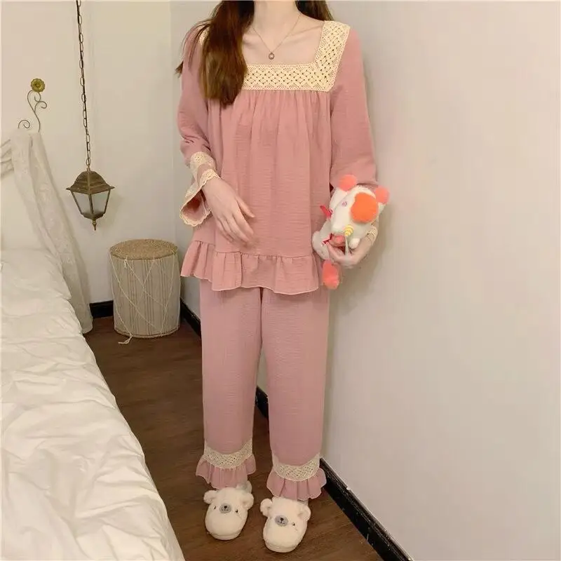 Moda Sexy, anuncios de primavera y otoño, nuevo modelo de pijamas para mujer, traje de ocio con escote cuadrado, ropa cómoda para el hogar, nuevo