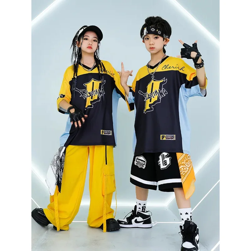 

Boys Hip Hop Contrast T-shirt Street Dance Shorts Girls Loose Yellow Cargo Pants Child Streetwear Kids Jazz Costume Clothes Sets