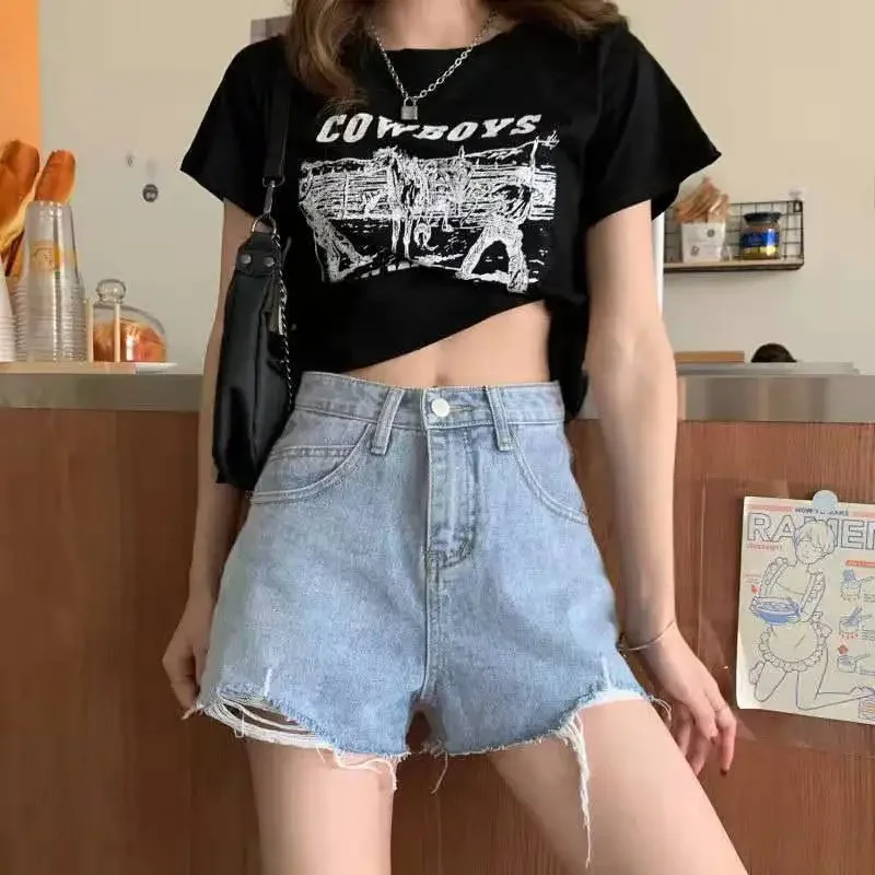 

Women's High Waist Button Artificial Leg Jeans and Shorts, Casual, Loose Blue, White and Black, New, Summer